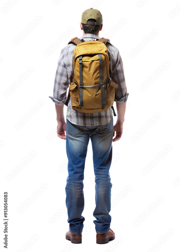 Rear view of male tourist carrying backpack isolated on a transparent background Rear view of male tourist carrying backpack isolated on a transparent background