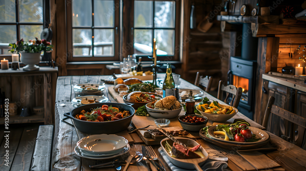 A rustic wooden table adorned with traditional dishes in a cozy mountain cabin. A rustic wooden table adorned with traditional dishes in a cozy mountain cabin.