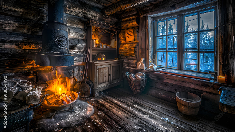 A rustic wooden table adorned with traditional dishes in a cozy mountain cabin. 