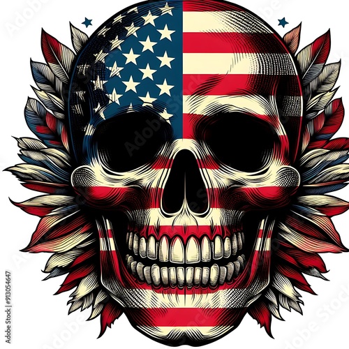 A skull with a flag american us and leaves photo