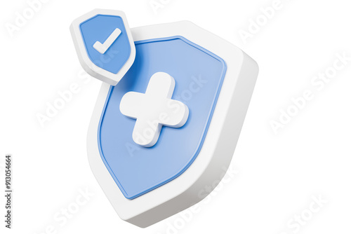 3d Shield with a cross icon symbol on isolated purple background. Protection of health from diseases. Healthcare security insurance medical concept. 3d Minimal insurance blue shield icon. 3d render.