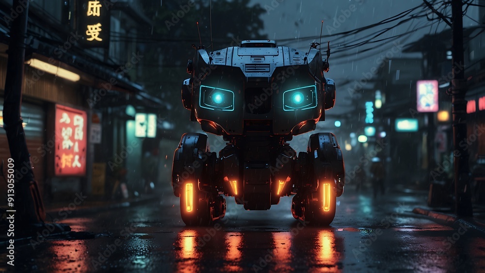 A Robot In futuristic city or city of the future from science fiction with RGB Neon Light Background, City Of Japan A Robot In futuristic city or city of the future from science fiction with RGB Neon Light Background, City Of Japan