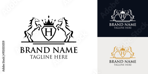 Horse logo design vector template, Retro crest with shield and two horses. Can be used as a logo