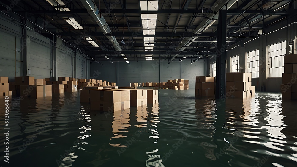 Flooded Warehouse Interior with Floating Cardboard Boxes. Generative AI. Flooded Warehouse Interior with Floating Cardboard Boxes. Generative AI.
