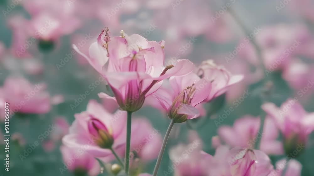 Pink flowers tremble in bloom in the morning bliss Pink flowers tremble in bloom in the morning bliss