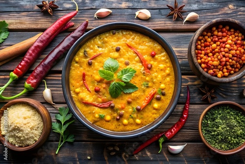  Food. lentils used in traditional Indian soups. Spiced Indian dhal dish in a bowl with herbs and spices on a rustic black wooden background. Lay flat top view. A real Indian meal.

