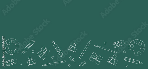 Blackboard with hand-drawn chalk school supplies. Pencil, sharpener, eraser, clip, palette, brush etc. Vector background, banner template with blank space. Back to school concept.
