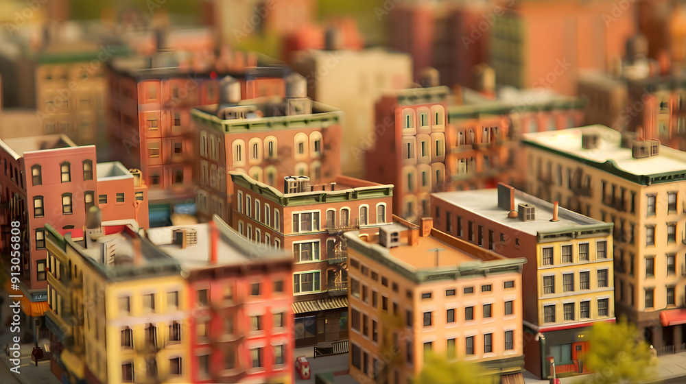 A set designer building a miniature movie city backdrop using balsa wood. Highlight on painting minute facades. 