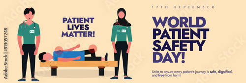 World Patient Safety day cover banner, social media post. 17th September Patient safety day banner with two nurses and sick person characters. Theme for 2024 is Improving diagnosis for patient safety