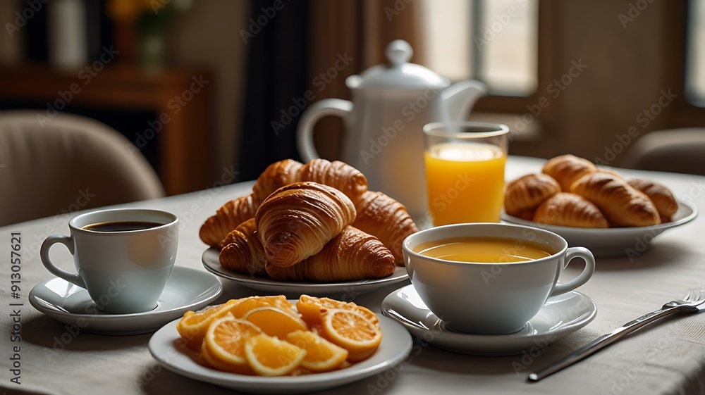 breakfast with coffee and croissant breakfast with coffee and croissant