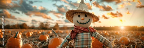 Humorous scarecrow posing in a pumpkin patch photo