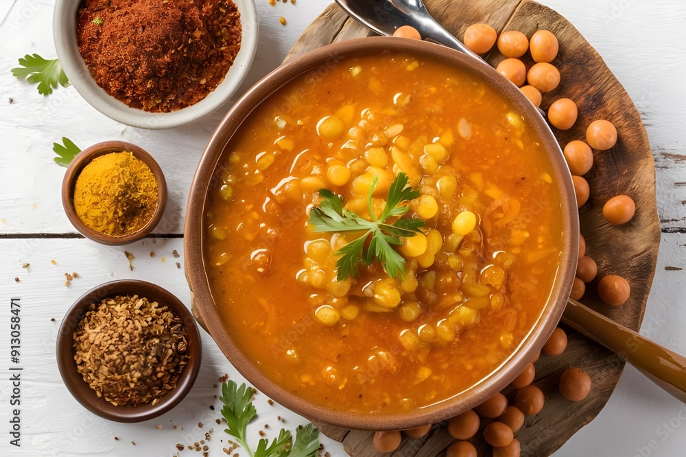 Food. lentils used in traditional Indian soups. Spiced Indian dhal dish