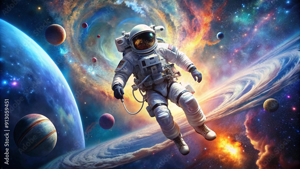 Fototapeta premium Astronaut at spacewalk. Cosmic art, science fiction wallpaper. Beauty of deep space. Billions of galaxies in the universe. Elements of this image furnished