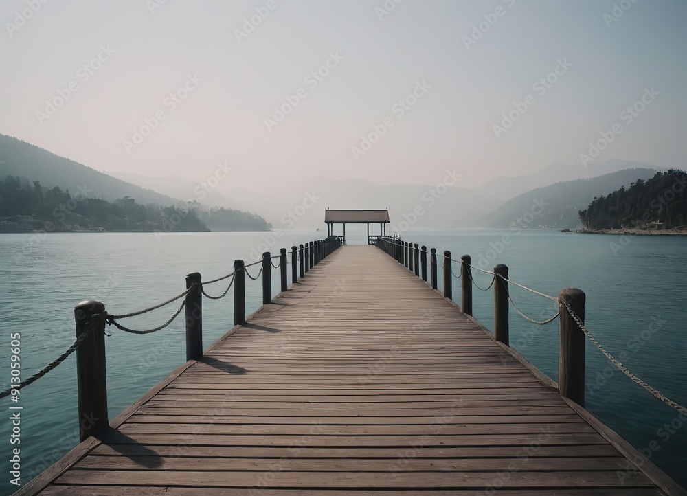 Fototapeta premium A Beautiful Serene Lake View Featuring a Wooden Pier Set Within a Misty Landscape Scene