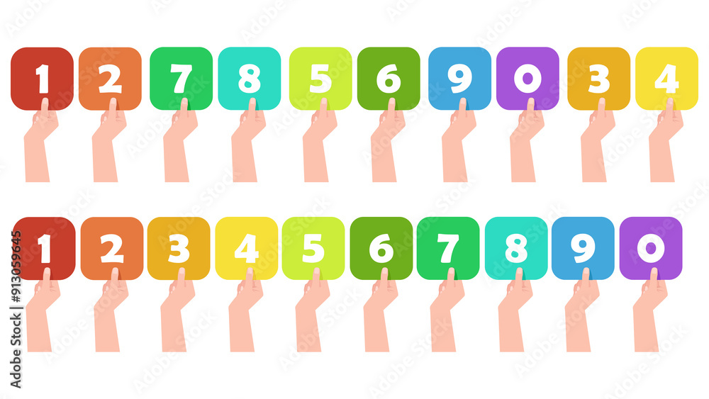 A long line of cartoon numbers on cards held in hands from 1 to 0 A long line of cartoon numbers on cards held in hands from 1 to 0