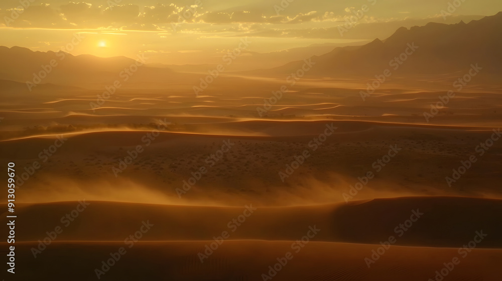 A tranquil desert oasis at dawn with golden rays illuminating the sand dunes A tranquil desert oasis at dawn with golden rays illuminating the sand dunes
