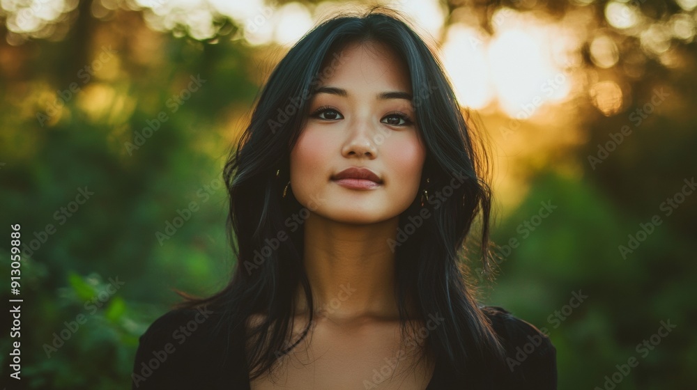 A woman with long black hair is standing in a forest A woman with long black hair is standing in a forest