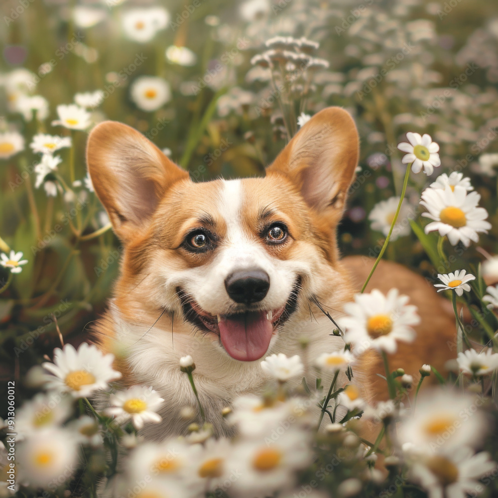 Happy Corgi Dog Surrounded by White Daisies in a Field Happy Corgi Dog Surrounded by White Daisies in a Field