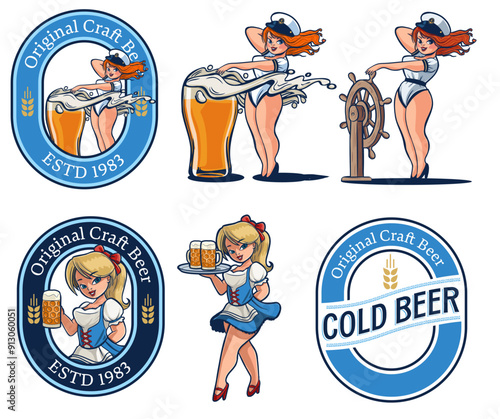 set of characters girl beer label