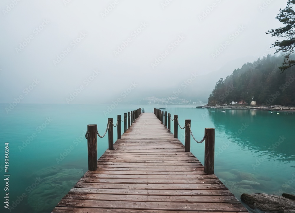 Fototapeta premium A Beautiful Serene Lake View Featuring a Wooden Pier Set Within a Misty Landscape Scene
