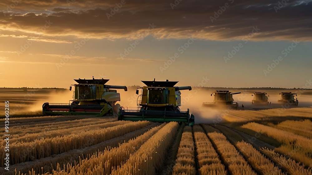 Obraz premium combine harvester working at sunset