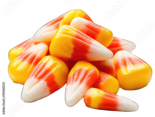 A pile of yellow and red candy corn. The candy is a popular treat for Halloween. The image is isolated on a black background.