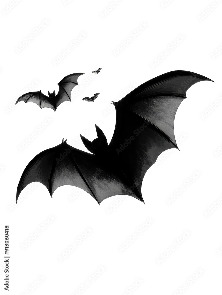 A dark, shadowy bat with large wings spread wide, flying against a black background. A dark, shadowy bat with large wings spread wide, flying against a black background.
