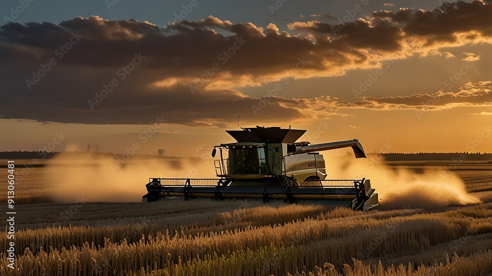 Fototapeta premium combine harvester working on the field at sunset