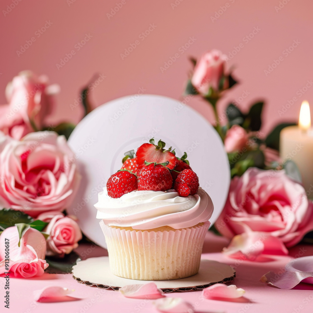 A Single Cupcake Topped with Strawberries and Whipped Cream Amidst Pink Roses A Single Cupcake Topped with Strawberries and Whipped Cream Amidst Pink Roses