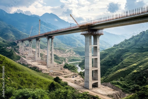 High-speed railway bridge under construction, spanning a wide valley photo