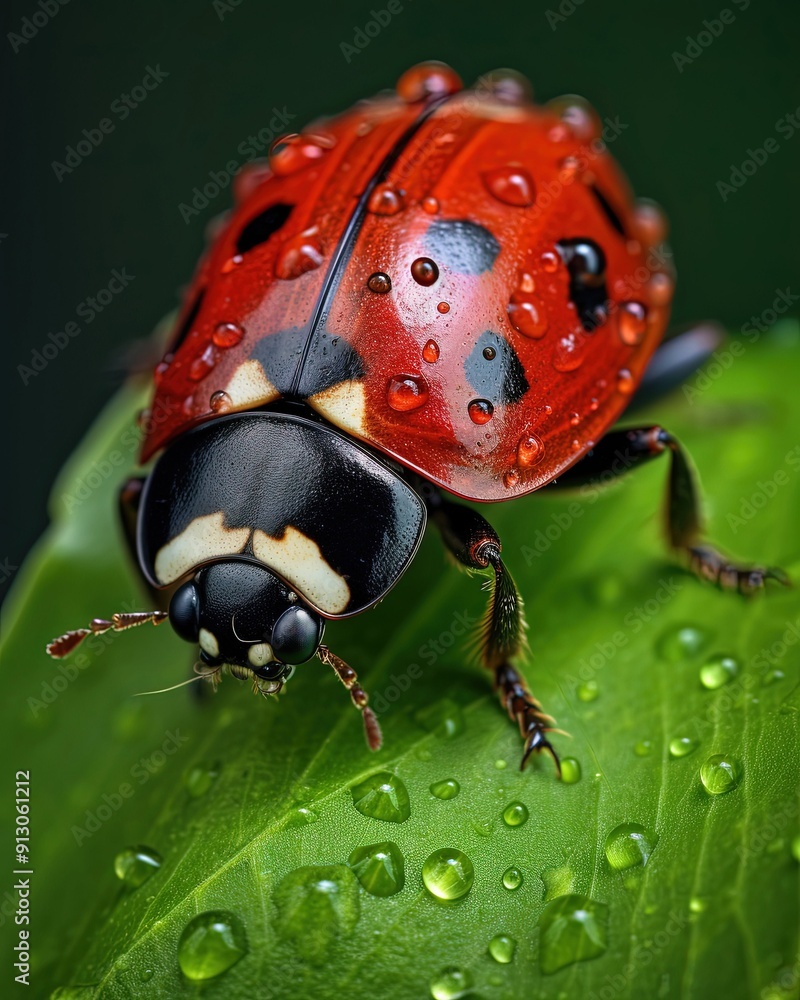 Naklejka premium Dew-Covered Ladybug on Green Leaf