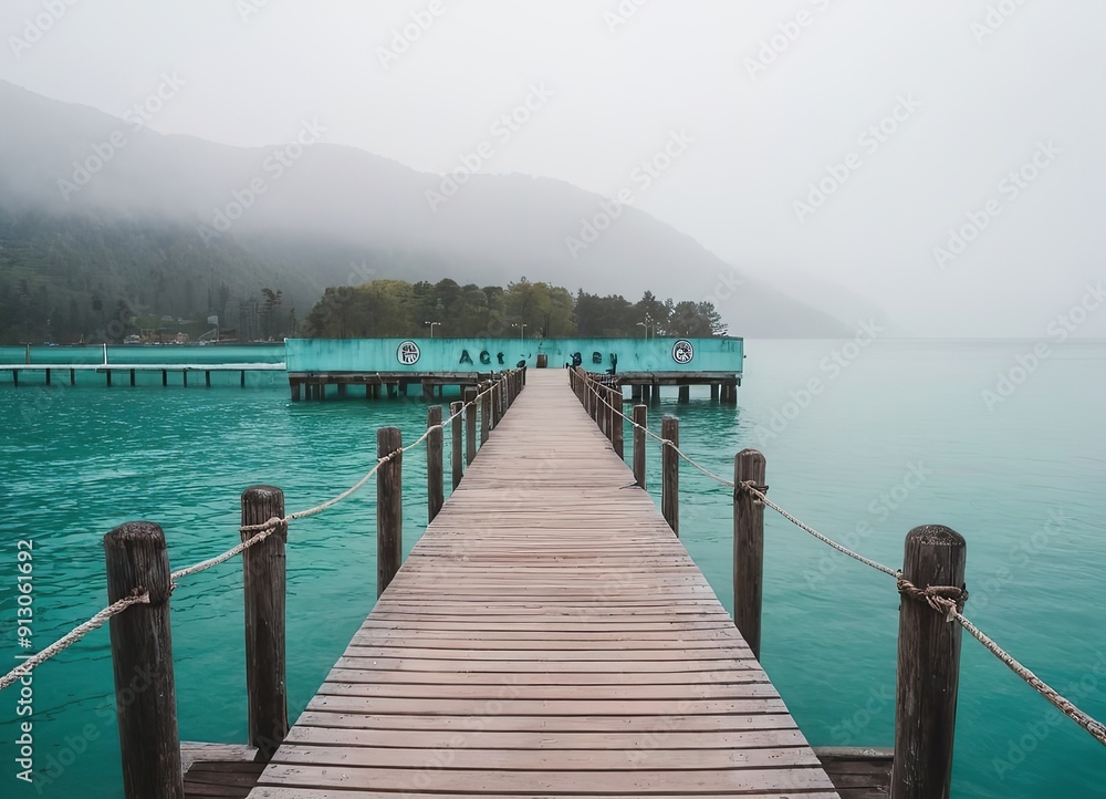 A Beautiful Serene Lake View Featuring a Wooden Pier Set Within a Misty Landscape Scene A Beautiful Serene Lake View Featuring a Wooden Pier Set Within a Misty Landscape Scene