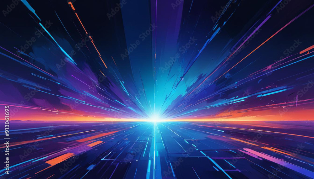 Fototapeta premium A futuristic, abstract landscape with a glowing purple horizon and a grid of lines and shapes in various shades of blue, orange, and purple, creating a sense of depth and movement