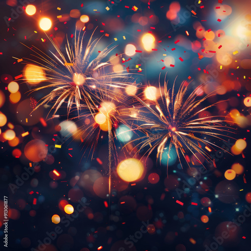 Festive Fireworks Display with Confetti and Bokeh Lights photo