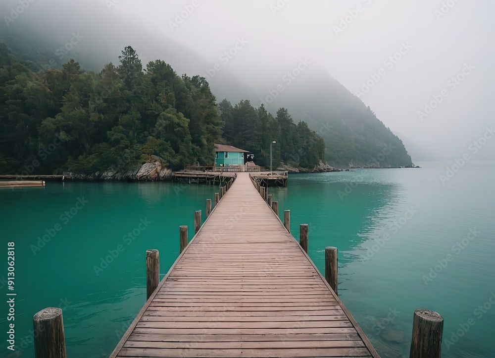 Obraz premium A Beautiful Serene Lake View Featuring a Wooden Pier Set Within a Misty Landscape Scene