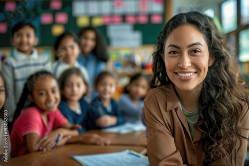 Young Latino American woman teacher with a warm smile posing with her diverse pupils in a classroom, emphasizing the friendly and energetic spirit of the back-to-school concept.
