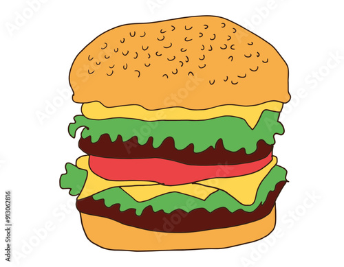 illustration of double meat burger, lettuce and tomato, fast food