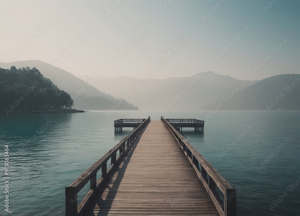 A Beautiful Serene Lake View Featuring a Wooden Pier Set Within a Misty Landscape Scene A Beautiful Serene Lake View Featuring a Wooden Pier Set Within a Misty Landscape Scene