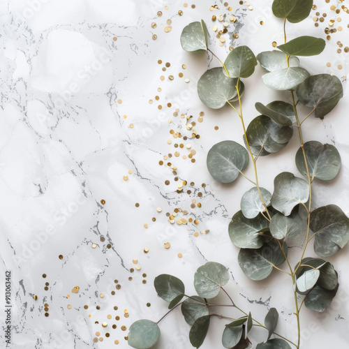 Eucalyptus Leaves and Gold Confetti Scattered on White Marble