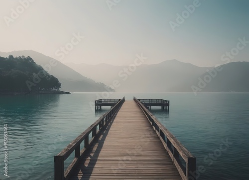 A Beautiful Serene Lake View Featuring a Wooden Pier Set Within a Misty Landscape Scene