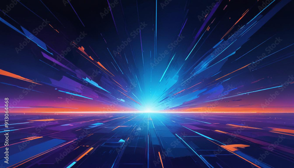 Obraz premium A futuristic, abstract landscape with a glowing purple horizon and a grid of lines and shapes in various shades of blue, orange, and purple, creating a sense of depth and movement 