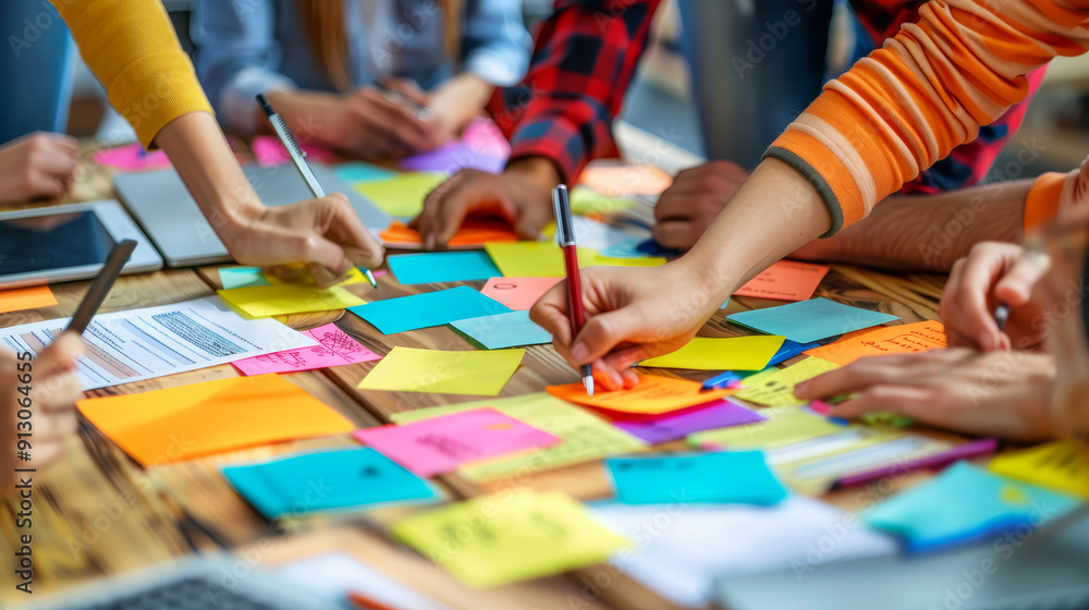 Close-up view of multiple hands collaboratively working with colorful sticky notes in a brainstorming session Close-up view of multiple hands collaboratively working with colorful sticky notes in a brainstorming session