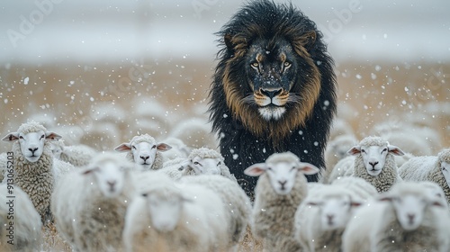 Contrasting Black Lion and White Sheep: Snowy Landscape with Sheep Moving Away photo