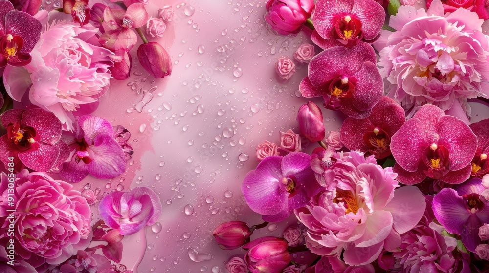 Collection of vibrant pink flowers with water droplets on them Collection of vibrant pink flowers with water droplets on them