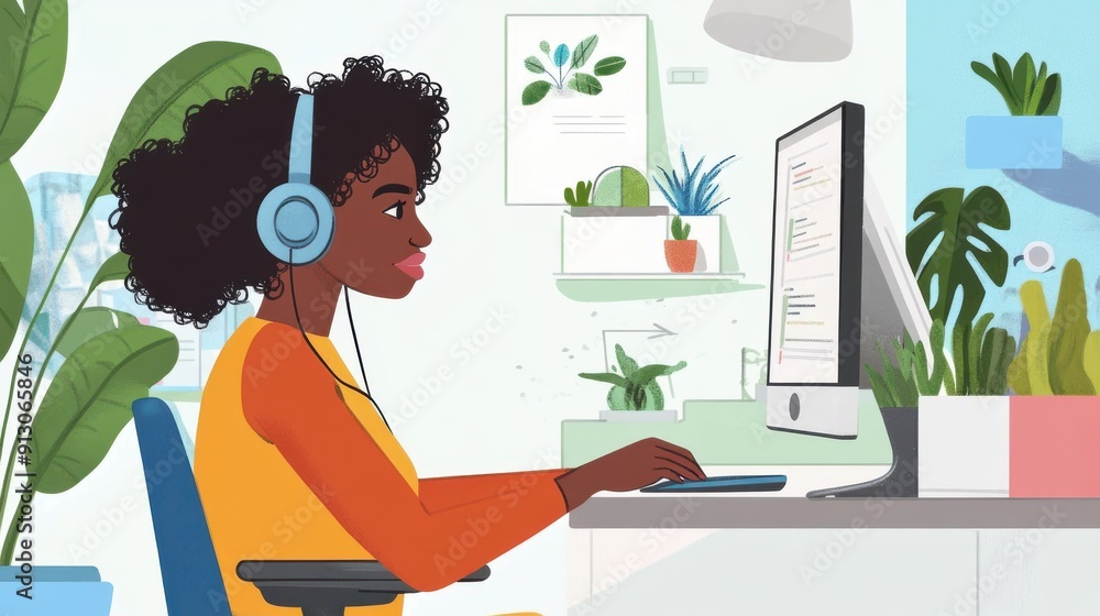 Illustration of an African American woman with curly hair wearing headphones and sitting at her desk in front of the computer Illustration of an African American woman with curly hair wearing headphones and sitting at her desk in front of the computer