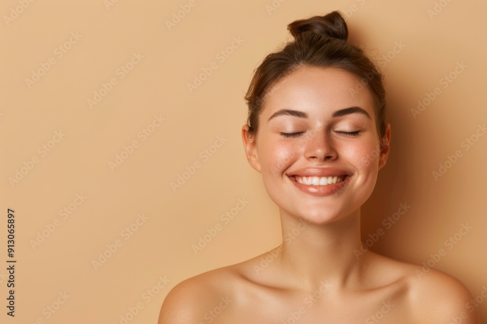 A woman with a smile on her face is looking at the camera. She has a clean, fresh look to her face, and her smile suggests that she is happy and content A woman with a smile on her face is looking at the camera. She has a clean, fresh look to her face, and her smile suggests that she is happy and content