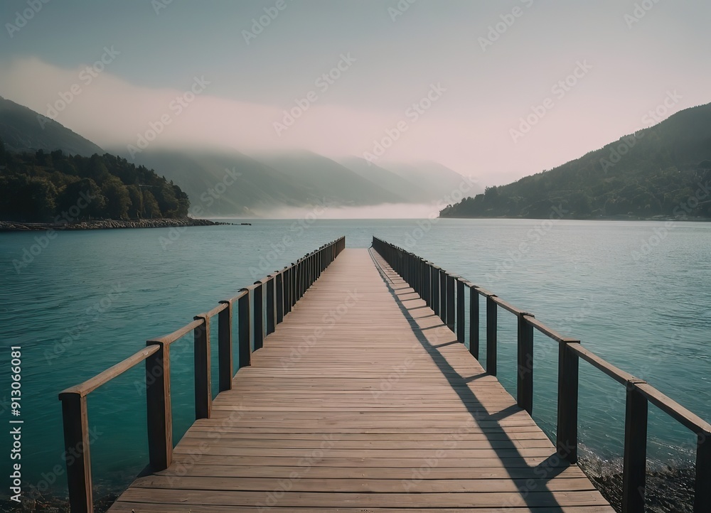 A Beautiful Serene Lake View Featuring a Wooden Pier Set Within a Misty Landscape Scene A Beautiful Serene Lake View Featuring a Wooden Pier Set Within a Misty Landscape Scene