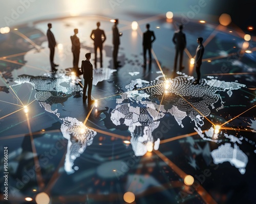 Digital world map with glowing connection lines and silhouettes of business people standing on it. Represents global business networks, international trade, and interconnected markets in the digital