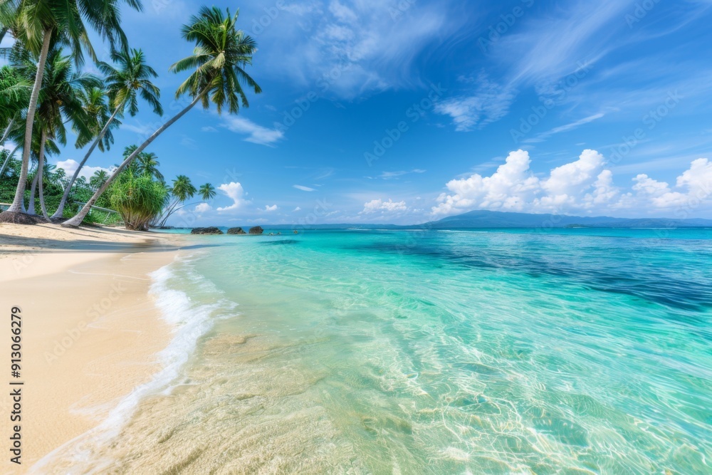 Obraz premium A beautiful beach with palm trees and a clear blue ocean. The sky is mostly clear with a few clouds scattered around. Scene is peaceful and relaxing, perfect for a day at the beach