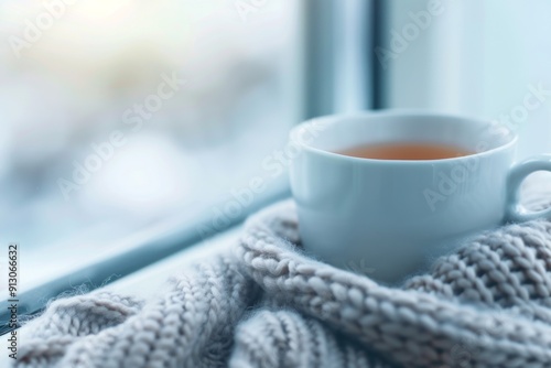 Wallpaper Mural A white cup of tea sits on a knitted blanket. The blanket is draped over the window sill, and the cup is positioned in the center of the blanket. Concept of warmth and comfort Torontodigital.ca